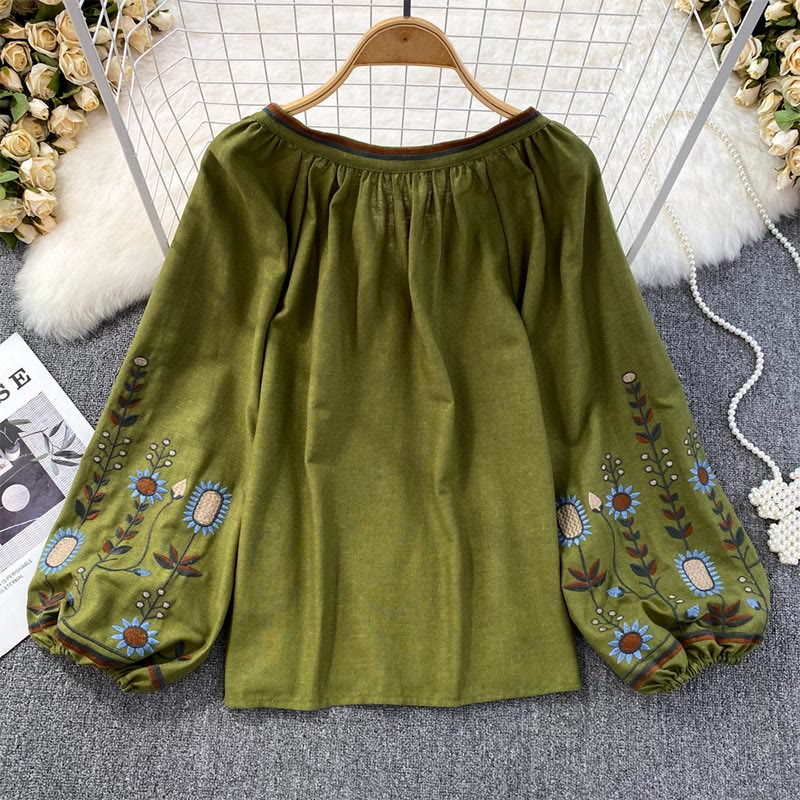 Olivenorma Pastoral Flower Embroidery Lantern Sleeve Women's Shirt - image 17