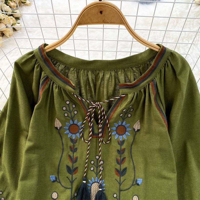 Olivenorma Pastoral Flower Embroidery Lantern Sleeve Women's Shirt - image 19