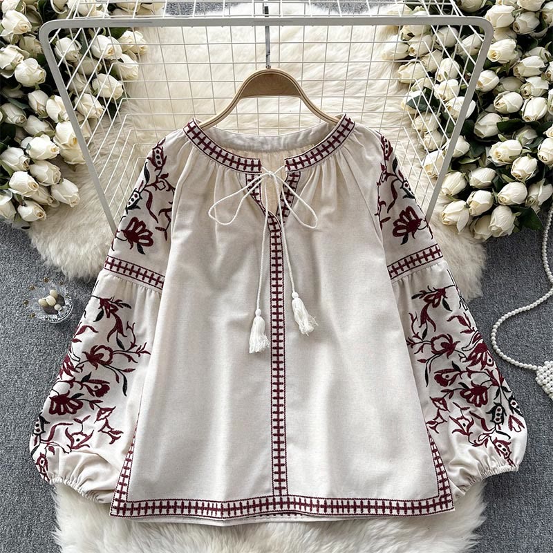 Olivenorma Vintage Floral Embroidery Lantern Sleeve Women's Shirt - Apricot - One Size Fits All - image 4