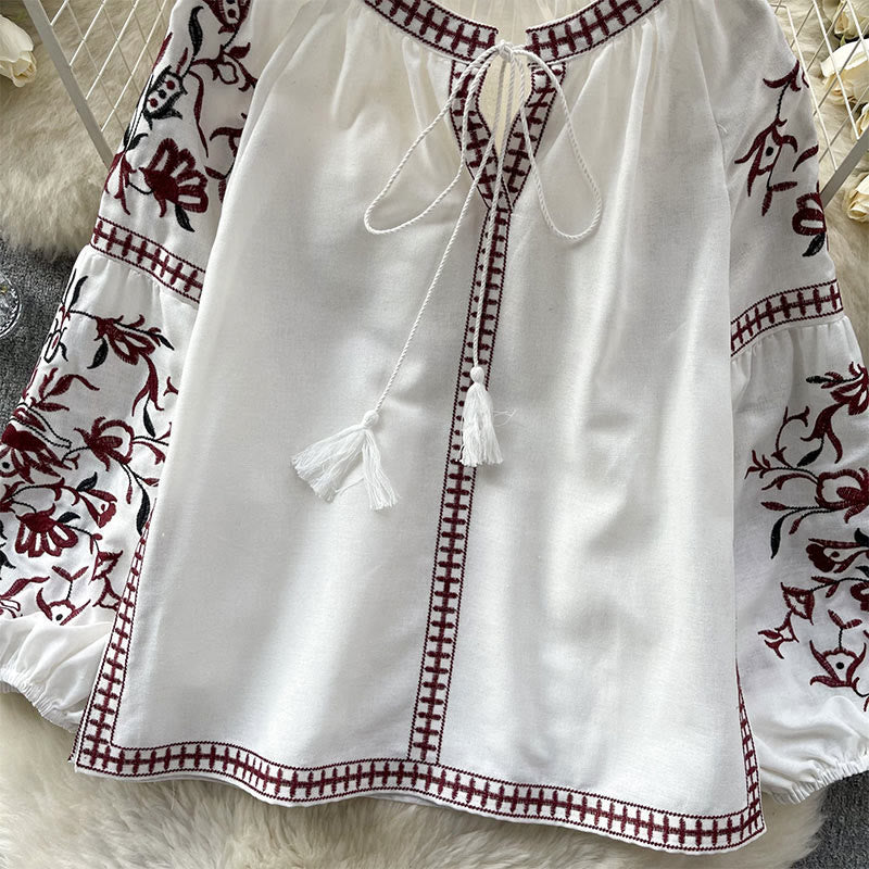 Olivenorma Vintage Floral Embroidery Lantern Sleeve Women's Shirt - image 2