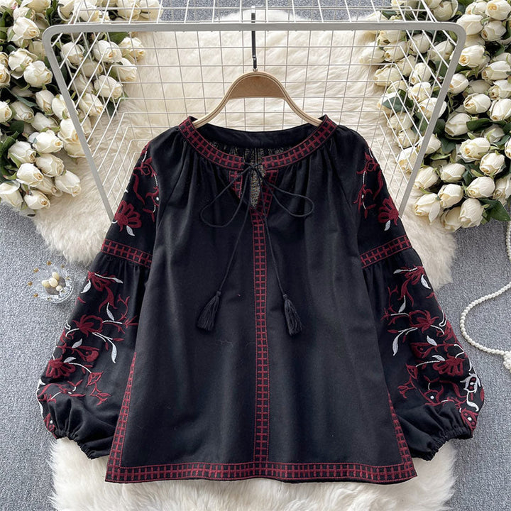 Olivenorma Vintage Floral Embroidery Lantern Sleeve Women's Shirt - Black - One Size Fits All - image 13