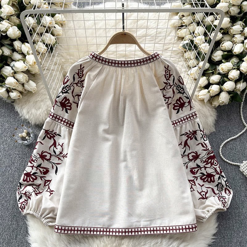 Olivenorma Vintage Floral Embroidery Lantern Sleeve Women's Shirt - image 5