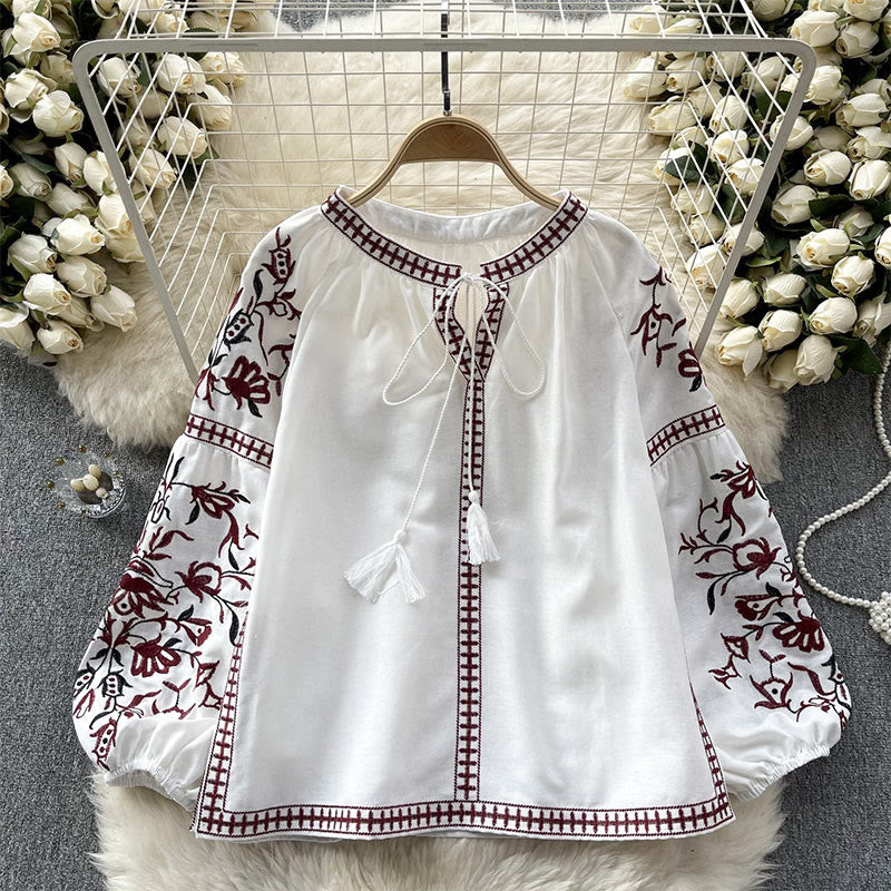 Olivenorma Vintage Floral Embroidery Lantern Sleeve Women's Shirt - White - One Size Fits All - image 0