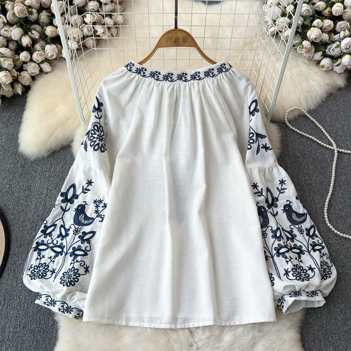 Olivenorma Flower Bird Embroidery Lantern Sleeve Women's Shirt - image 1