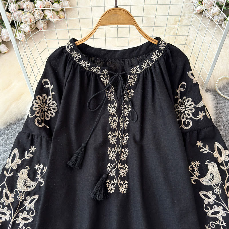 Olivenorma Flower Bird Embroidery Lantern Sleeve Women's Shirt - image 6