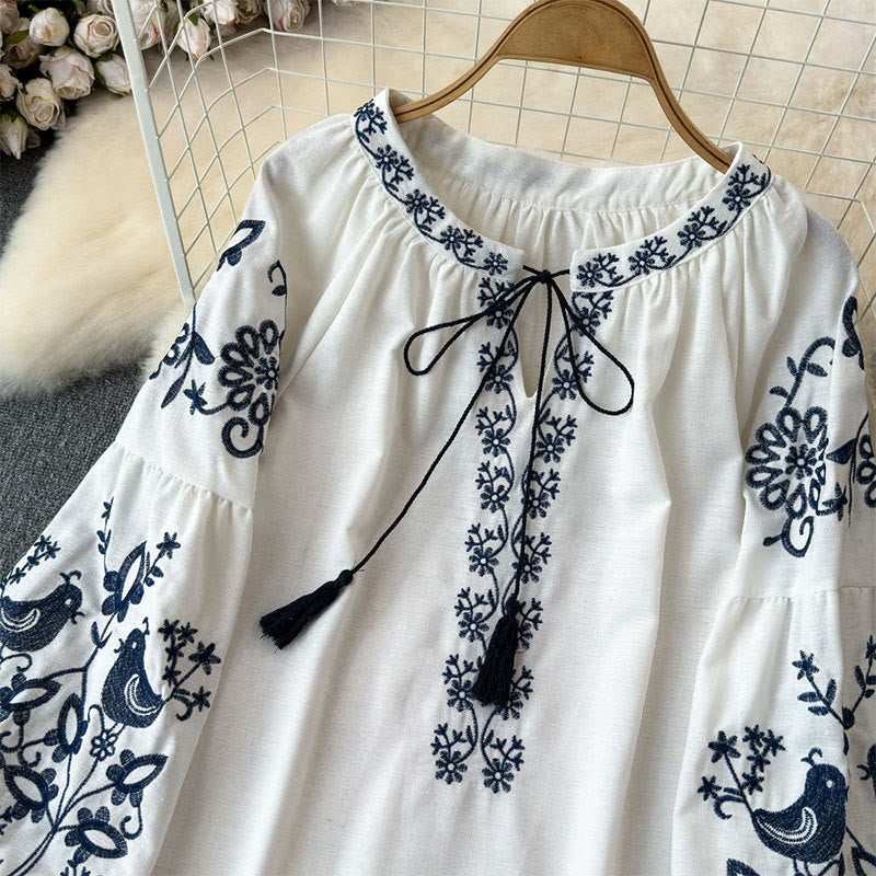 Olivenorma Flower Bird Embroidery Lantern Sleeve Women's Shirt - image 2