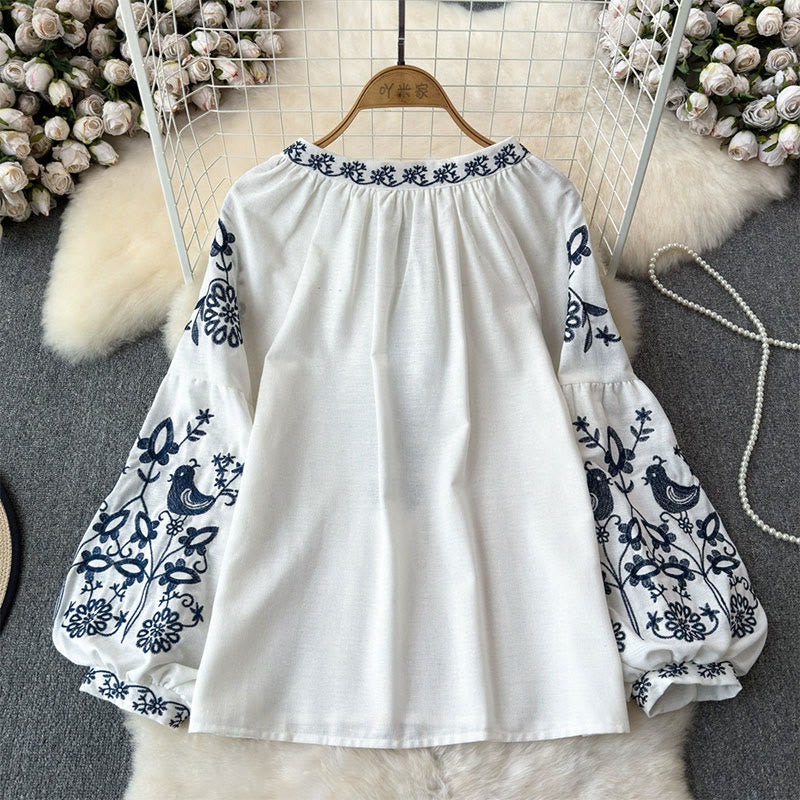 Olivenorma Flower Bird Embroidery Lantern Sleeve Women's Shirt - image 1