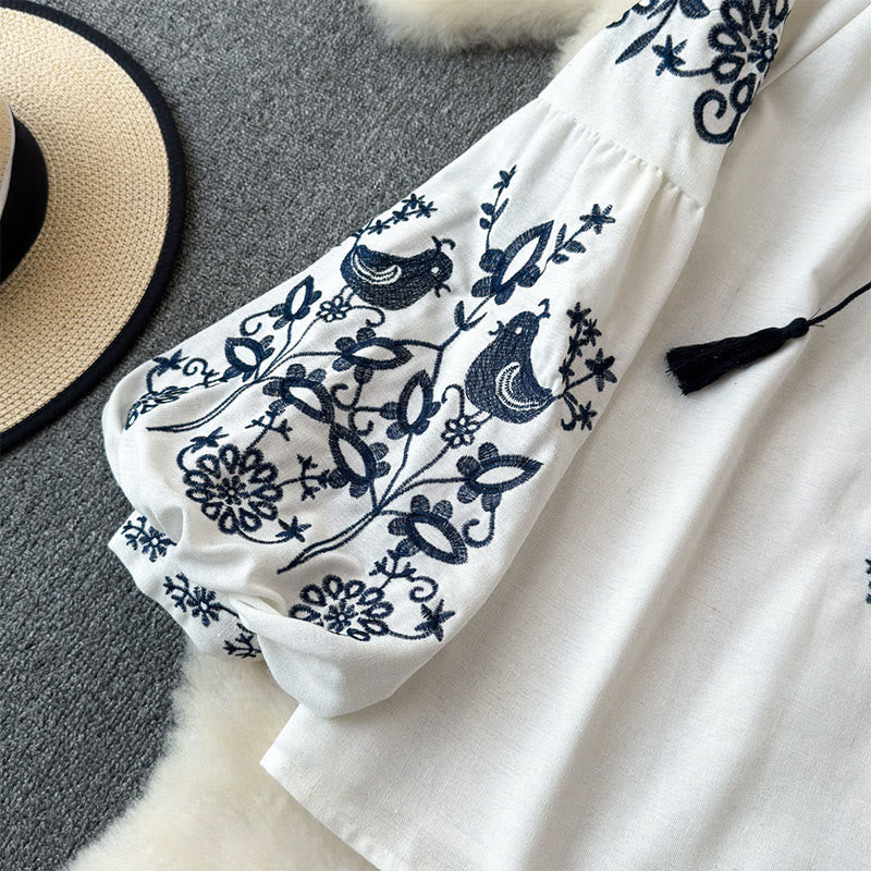 Olivenorma Flower Bird Embroidery Lantern Sleeve Women's Shirt - image 3