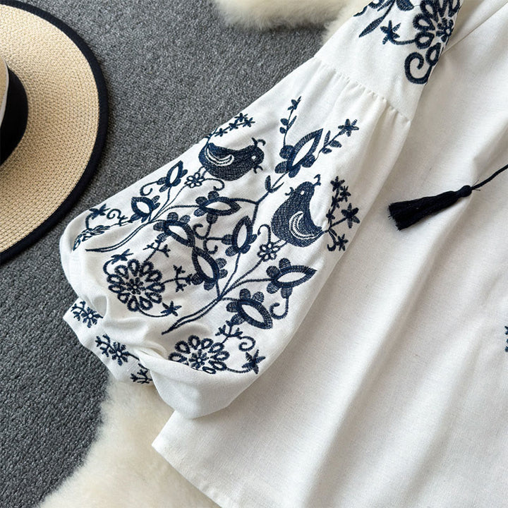 Olivenorma Flower Bird Embroidery Lantern Sleeve Women's Shirt - image 3