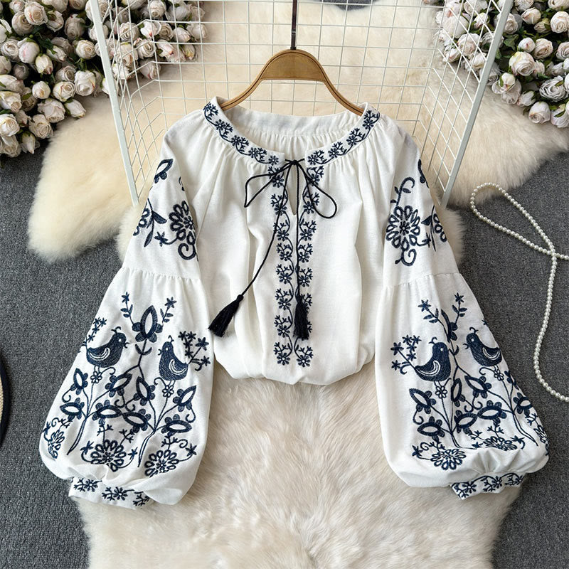 Olivenorma Flower Bird Embroidery Lantern Sleeve Women's Shirt - image 4