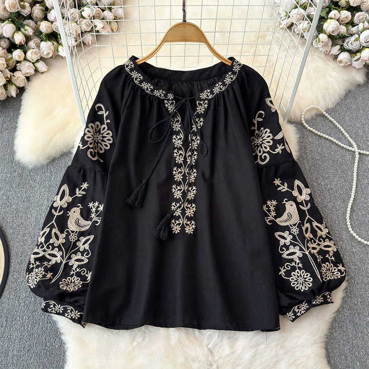 Olivenorma Flower Bird Embroidery Lantern Sleeve Women's Shirt - Black - One Size Fits All - image 5