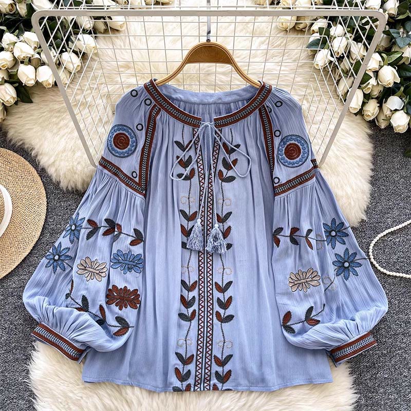 Olivenorma Vintage European Court Style Embroidery Women's Shirt - Blue - One Size Fits All - image 0