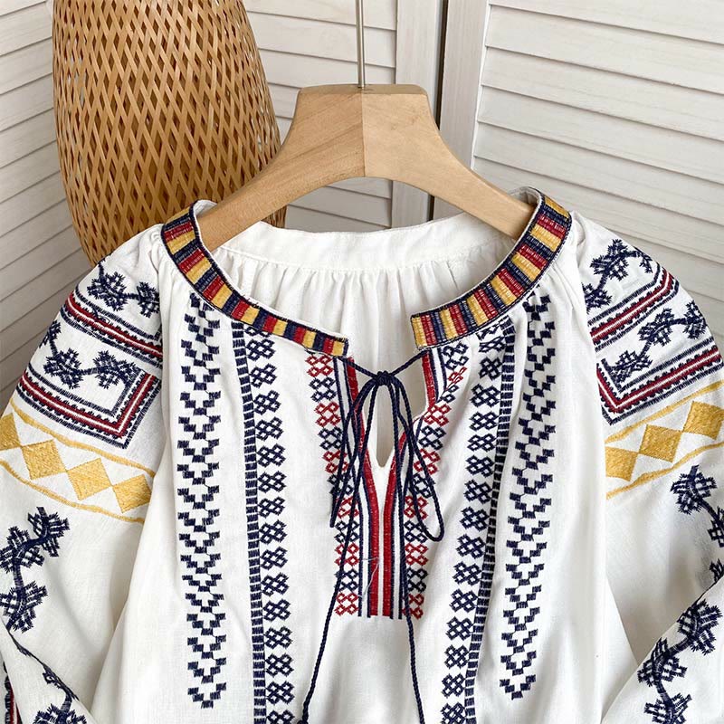 Olivenorma Bohemian Style Embroidery Lantern Sleeve Women's Shirt - image 9