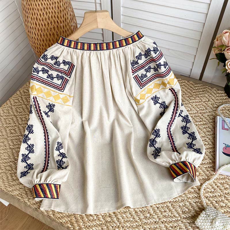 Olivenorma Bohemian Style Embroidery Lantern Sleeve Women's Shirt - image 1