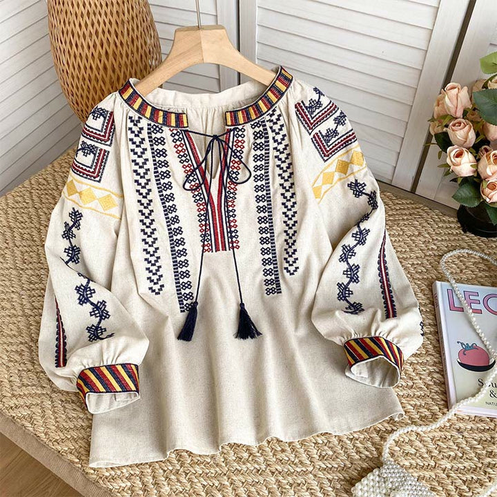 Olivenorma Bohemian Style Embroidery Lantern Sleeve Women's Shirt - Apricot - One Size Fits All - image 0