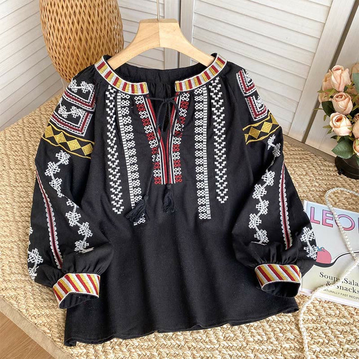 Olivenorma Bohemian Style Embroidery Lantern Sleeve Women's Shirt - Black - One Size Fits All - image 13