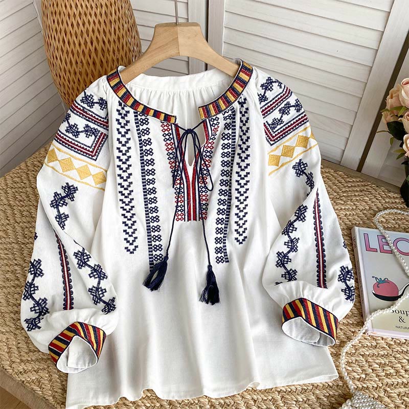 Olivenorma Bohemian Style Embroidery Lantern Sleeve Women's Shirt - White - One Size Fits All - image 8