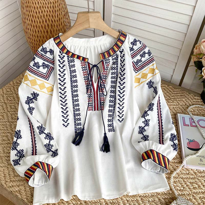 Olivenorma Bohemian Style Embroidery Lantern Sleeve Women's Shirt - White - One Size Fits All - image 8