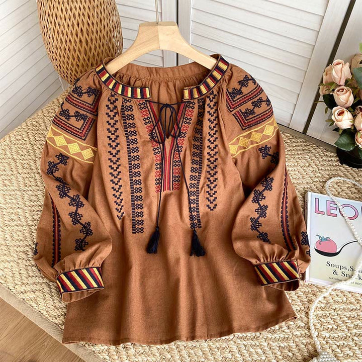 Olivenorma Bohemian Style Embroidery Lantern Sleeve Women's Shirt - Brown - One Size Fits All - image 17