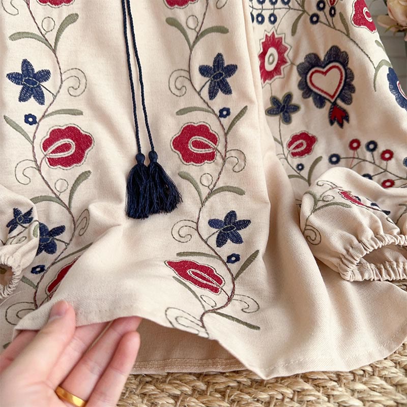 Olivenorma Sweet Retro Embroidery Lantern Sleeve Women's Shirt - image 9