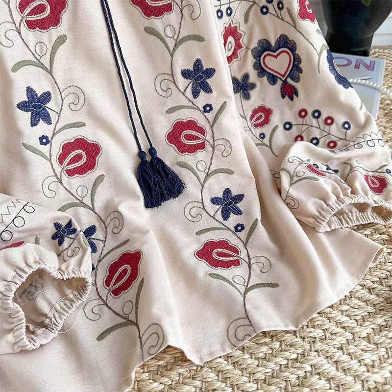 Olivenorma Sweet Retro Embroidery Lantern Sleeve Women's Shirt - image 6