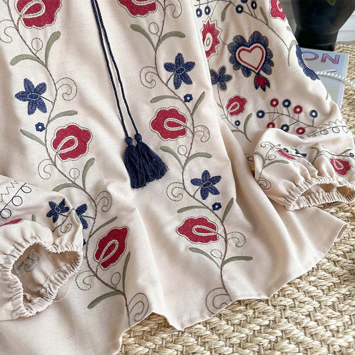 Olivenorma Sweet Retro Embroidery Lantern Sleeve Women's Shirt - image 6