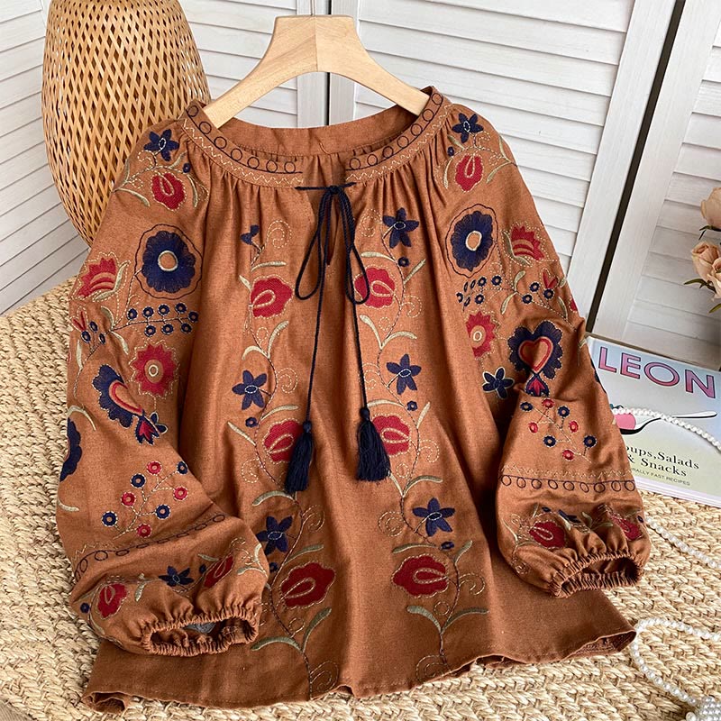 Olivenorma Sweet Retro Embroidery Lantern Sleeve Women's Shirt - Brown - image 10