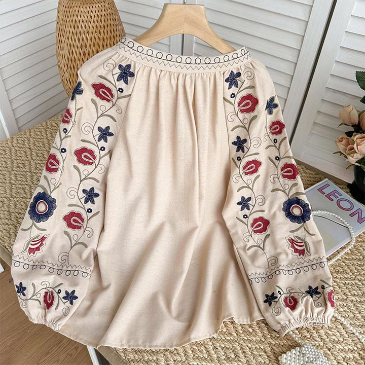 Olivenorma Sweet Retro Embroidery Lantern Sleeve Women's Shirt - image 5