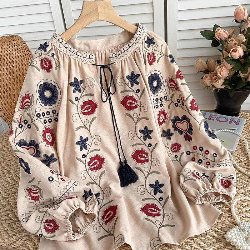 Olivenorma Sweet Retro Embroidery Lantern Sleeve Women's Shirt - Apricot - image 4