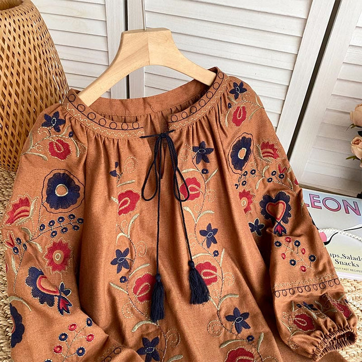 Olivenorma Sweet Retro Embroidery Lantern Sleeve Women's Shirt - image 12