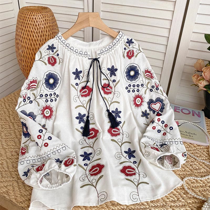 Olivenorma Sweet Retro Embroidery Lantern Sleeve Women's Shirt - White - image 0