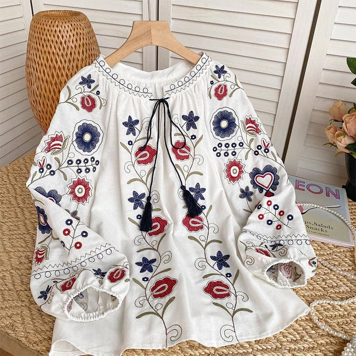 Olivenorma Sweet Retro Embroidery Lantern Sleeve Women's Shirt - White - image 0