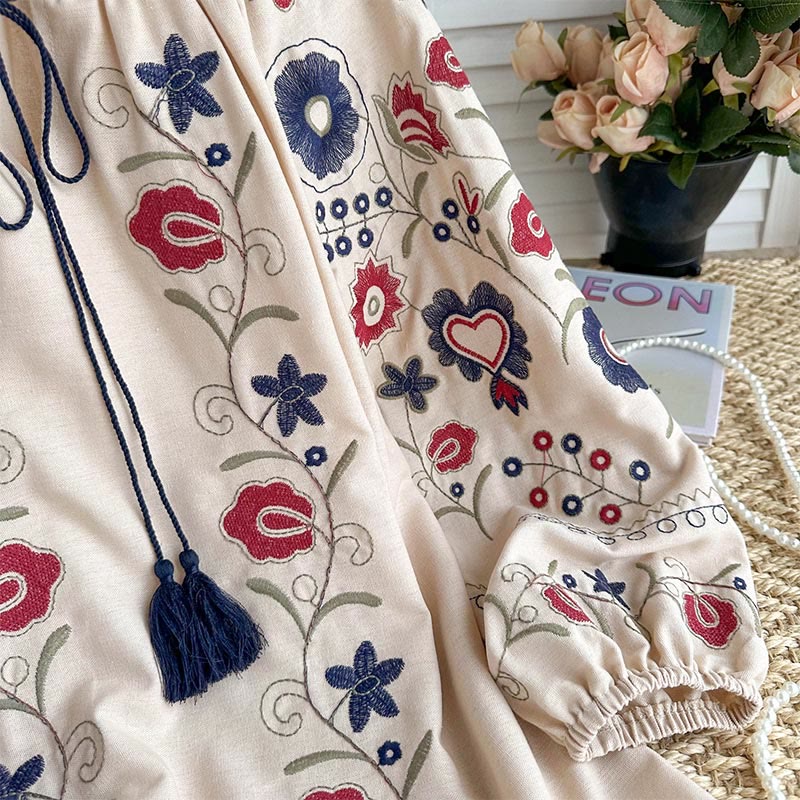 Olivenorma Sweet Retro Embroidery Lantern Sleeve Women's Shirt - image 8