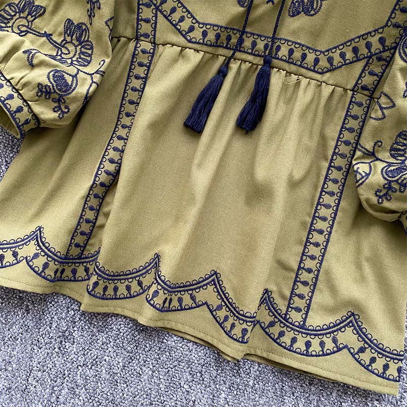 Olivenorma Boho Holiday Embroidery Lantern Sleeve Women's Shirt - image 3