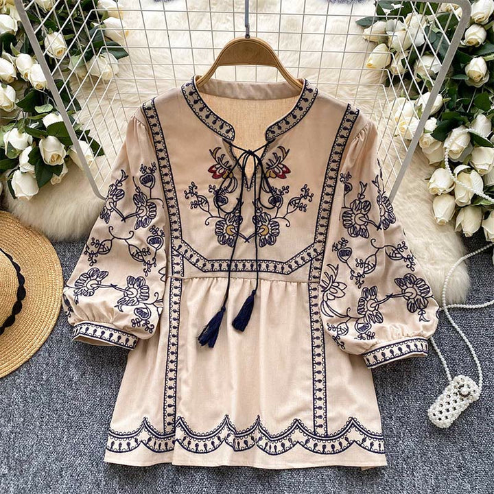 Olivenorma Boho Holiday Embroidery Lantern Sleeve Women's Shirt - Lotus Root Pink - One Size Fits All - image 14