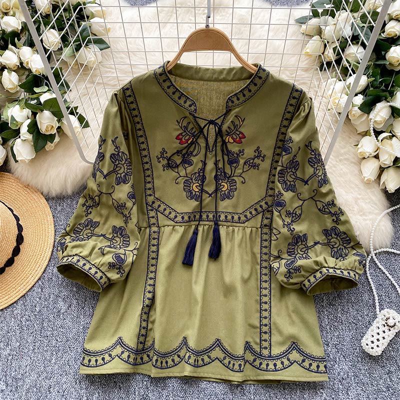 Olivenorma Boho Holiday Embroidery Lantern Sleeve Women's Shirt - Green - One Size Fits All - image 0