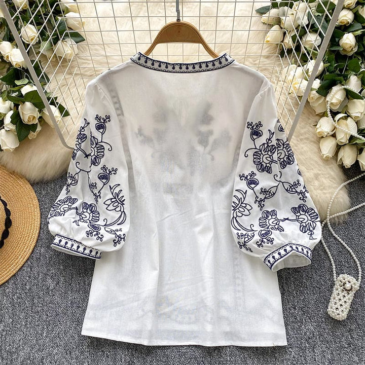 Olivenorma Boho Holiday Embroidery Lantern Sleeve Women's Shirt - image 5