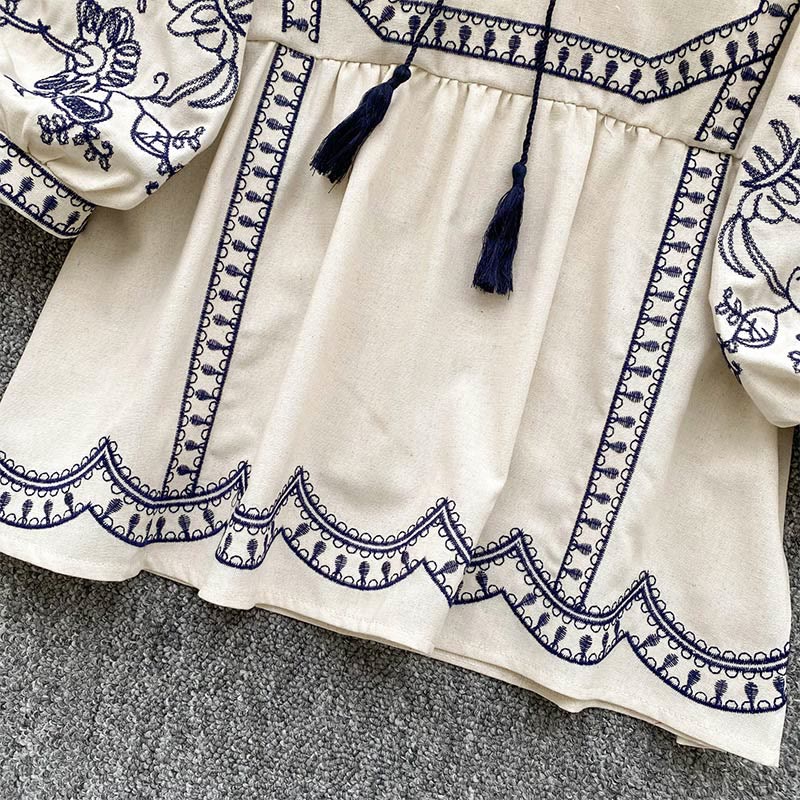 Olivenorma Boho Holiday Embroidery Lantern Sleeve Women's Shirt - image 13