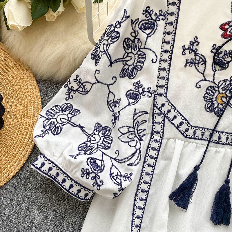 Olivenorma Boho Holiday Embroidery Lantern Sleeve Women's Shirt - image 7