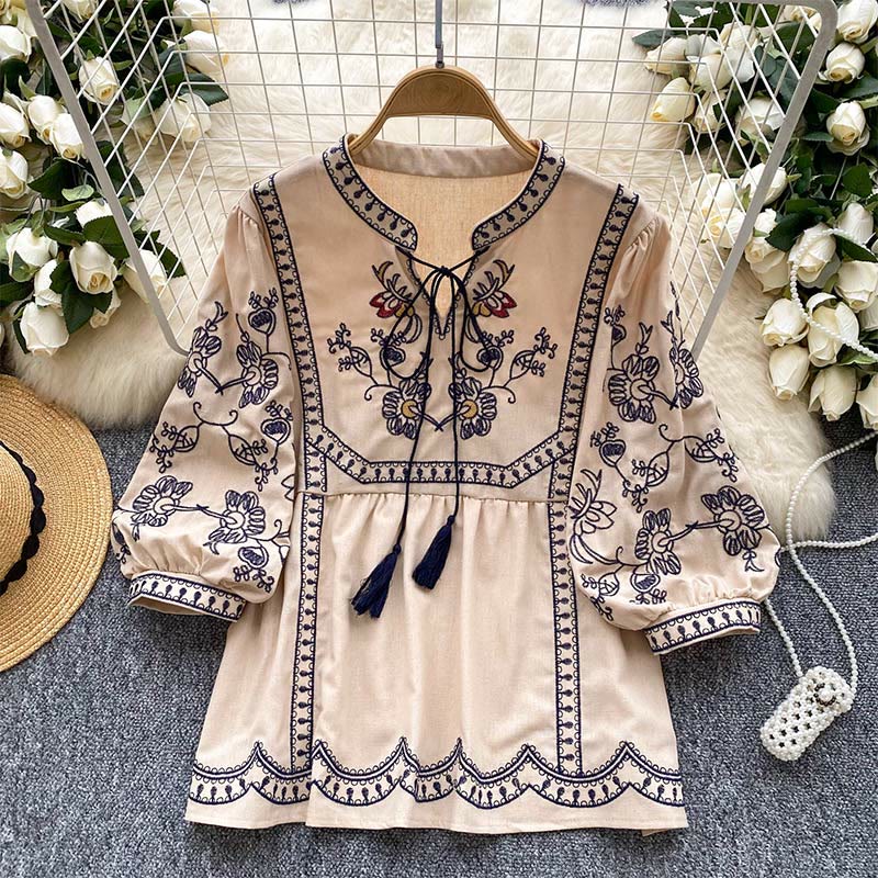 Olivenorma Boho Holiday Embroidery Lantern Sleeve Women's Shirt - Lotus Root Pink - One Size Fits All - image 14