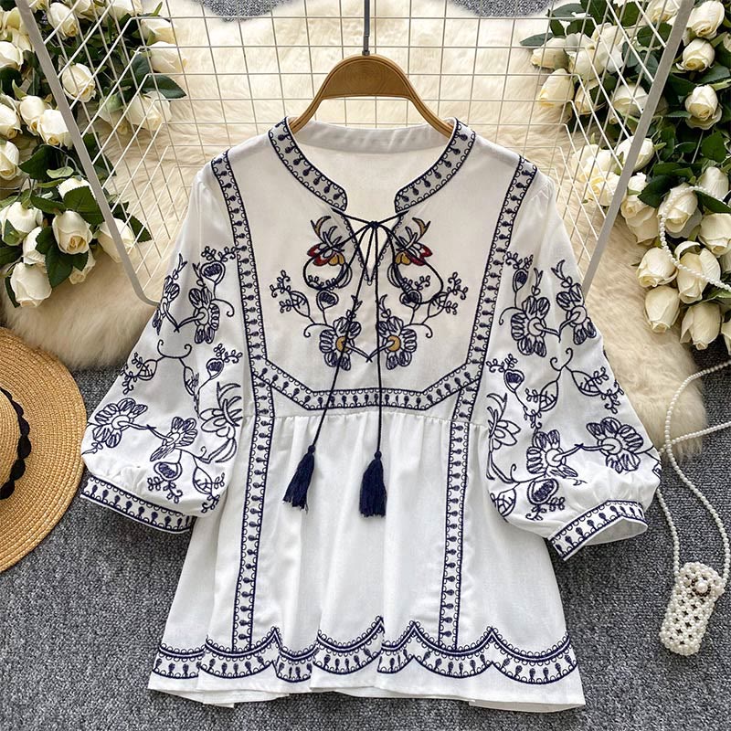 Olivenorma Boho Holiday Embroidery Lantern Sleeve Women's Shirt - White - One Size Fits All - image 4