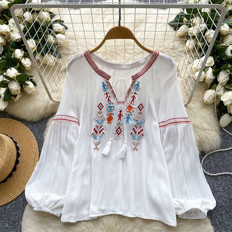 Olivenorma Indian Style Embroidery Lantern Sleeve Women's Shirt - White - One Size Fits All - image 0
