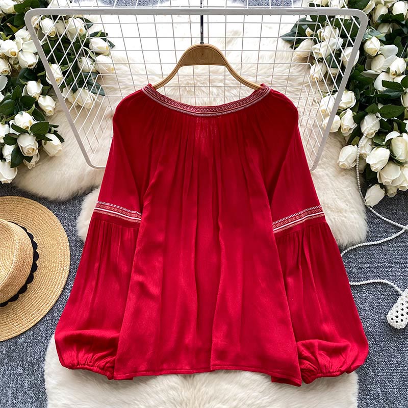 Olivenorma Indian Style Embroidery Lantern Sleeve Women's Shirt - image 9