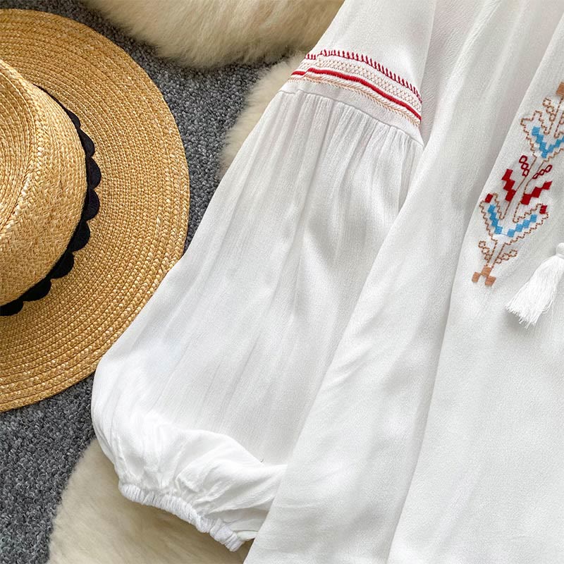 Olivenorma Indian Style Embroidery Lantern Sleeve Women's Shirt - image 2