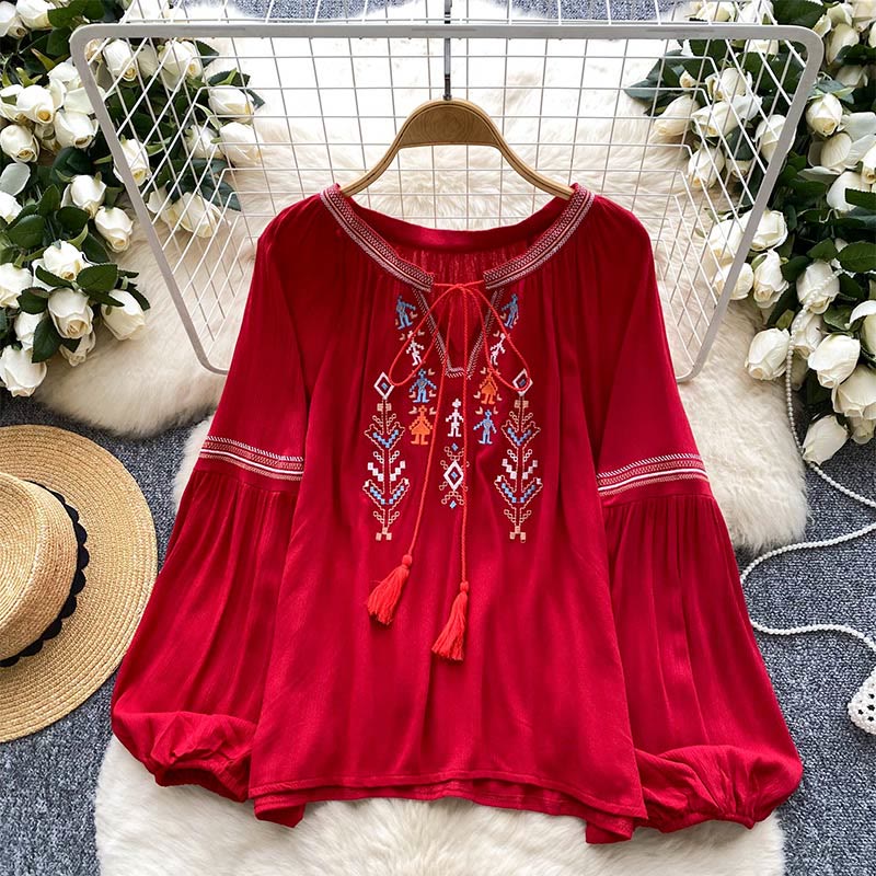 Olivenorma Indian Style Embroidery Lantern Sleeve Women's Shirt - Red - One Size Fits All - image 8
