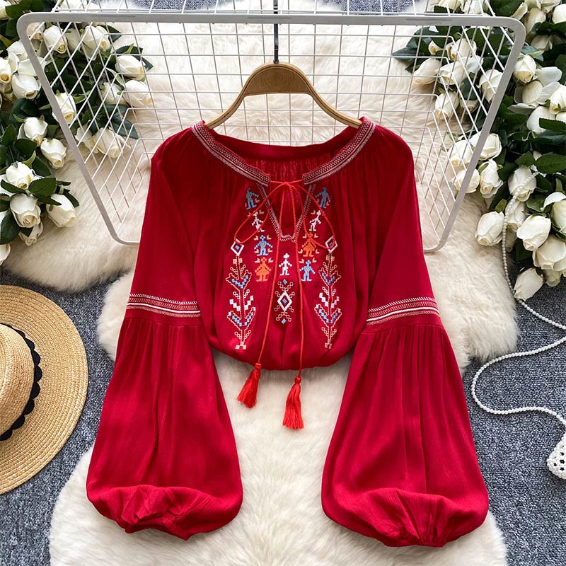 Olivenorma Indian Style Embroidery Lantern Sleeve Women's Shirt - image 13