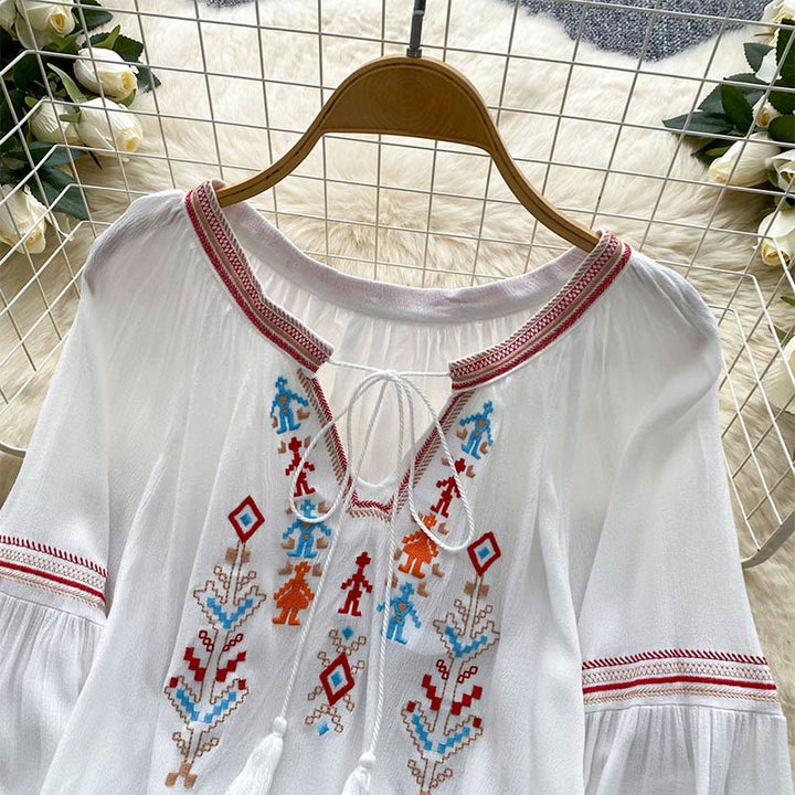 Olivenorma Indian Style Embroidery Lantern Sleeve Women's Shirt - image 1