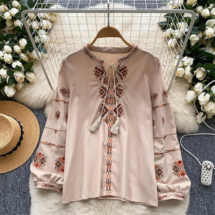 Olivenorma Ethnic Style Embroidery Lantern Sleeve Women's Shirt - Khaki - One Size Fits All - image 8