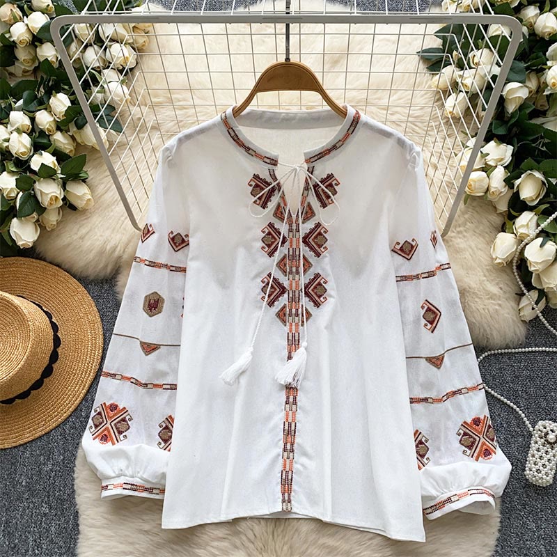 Olivenorma Ethnic Style Embroidery Lantern Sleeve Women's Shirt - White - One Size Fits All - image 0