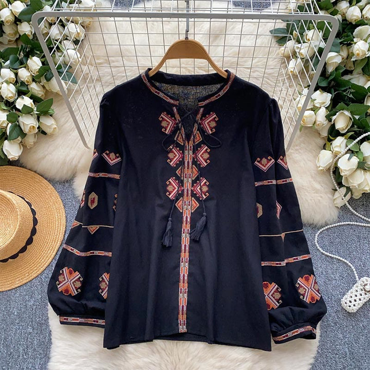 Olivenorma Ethnic Style Embroidery Lantern Sleeve Women's Shirt - Black - One Size Fits All - image 12